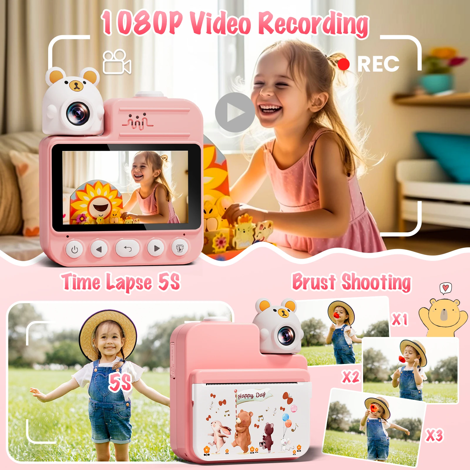 Gofunly 3,0'' instantcamera voor kinderen met 32G-kaart en 3 printpapier, 1080P HD kindercamera Instant Print voor 6-12 jaar