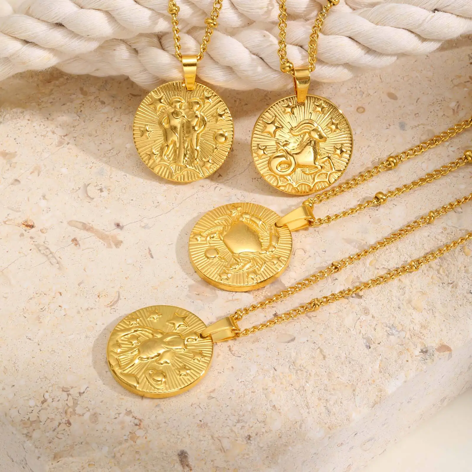 Stainless Steel Zodiac Constellation Necklace for Women, Amulet Round Coin Pendant Vintage Jewelry Birthday Gift - Image 3