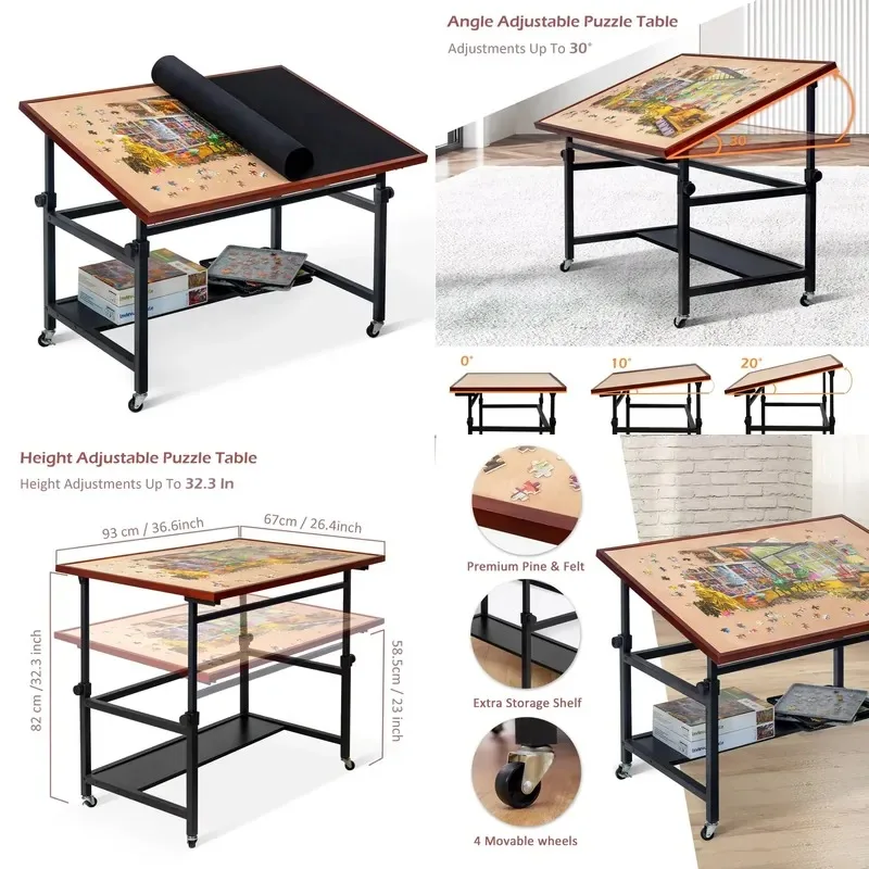 Adjustable Puzzle Table with Lid and Storage Rack Height Angle Adjustable Board Easel Large Tilted Surface
