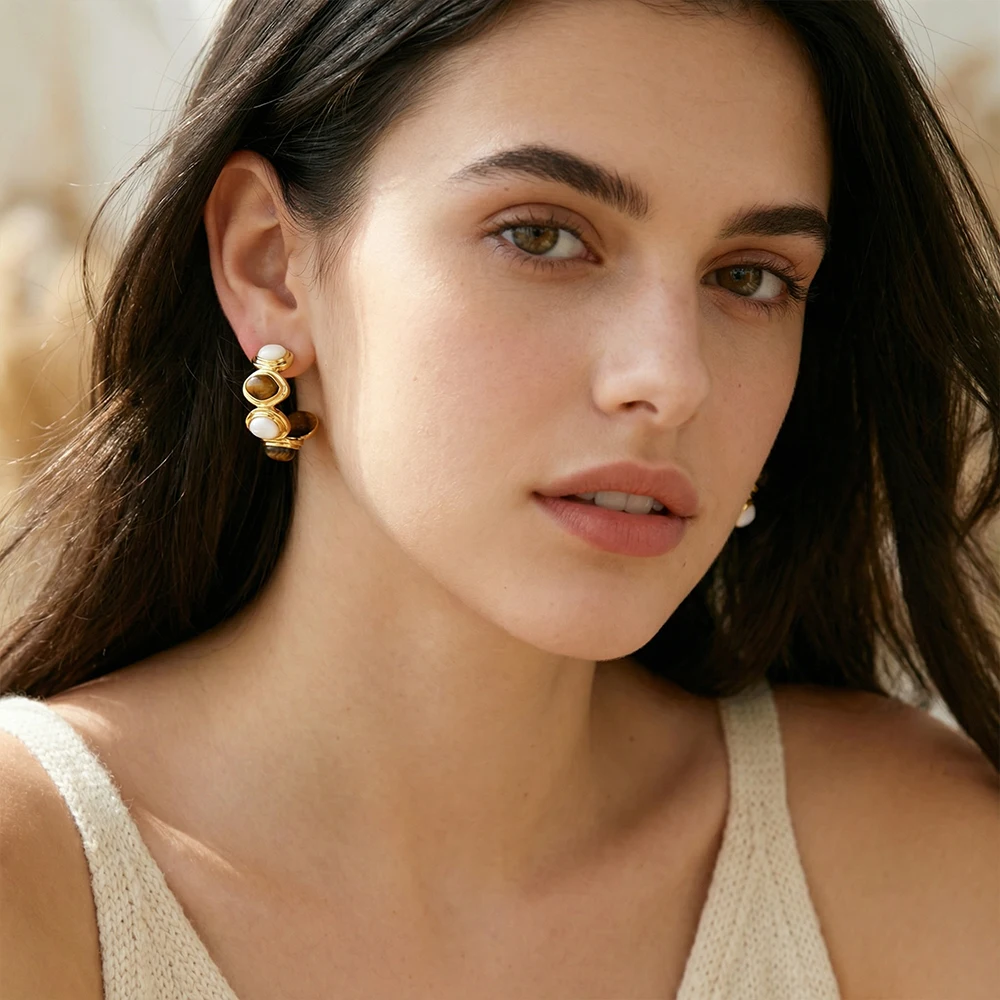 Badu Tiger Eye Shell C-Shape Hoop Earrings for Women Vintage Trendy Fashion Daily Party Jewelry Gift