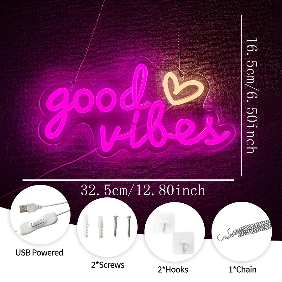 Good Vibes Neon Sign USB LED Sign for Bedroom, Hanging Light Up Sign for Party, Studio Bar Wall Decor, Gift for Lover