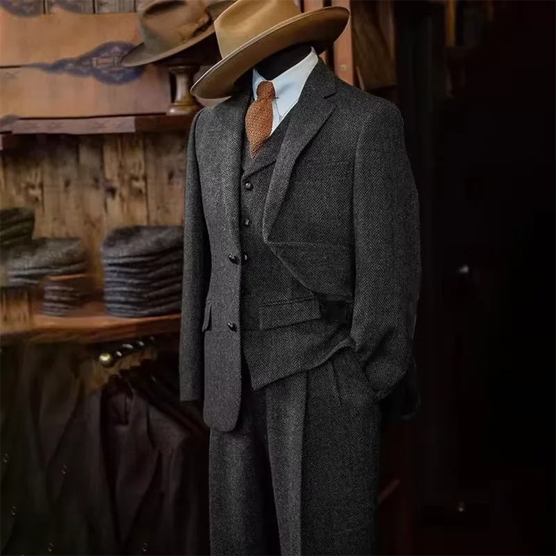

Men's Three-piece Suit Herringbone Pattern Single Breasted Slim Fit Suits for Men Suit Set Luxury 2025 Costumes Man Formal Suits