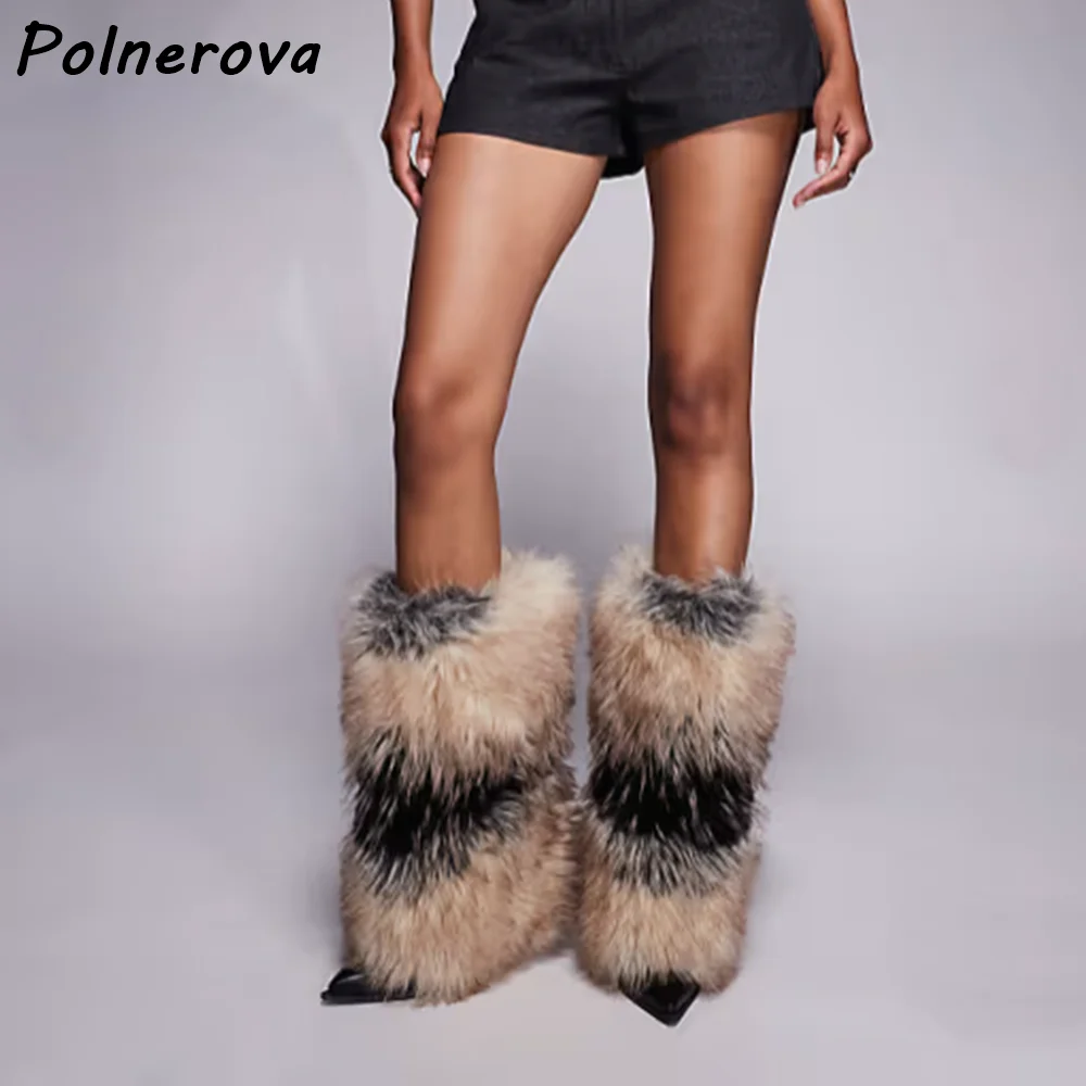 

Black White Furry Boots Women's Pointy Toe Thin Heels Slip On Sexy Elegant Luxury Ankle Boots Women's Warm Winter Slip On Shoes