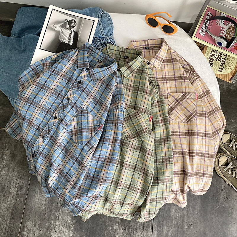 Men\'s Casual Plaid Blouses Streetwear Fashions Clothes High Quality Oversized Tops Spring Man Korean Flannel Vintage Shirts