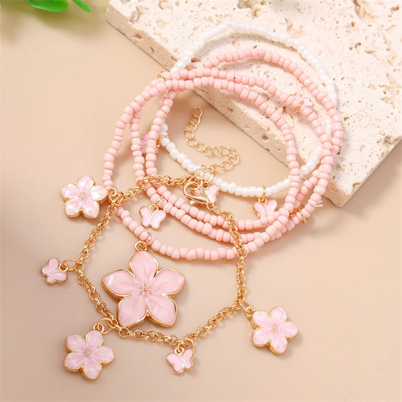 5-teiliges Set Modische Handgefertigte Perlenarmbänder für Frauen, Blumen-Charm-Armbänder, Schmuckgeschenke für Mädchen, Party, Festival – Detail 6