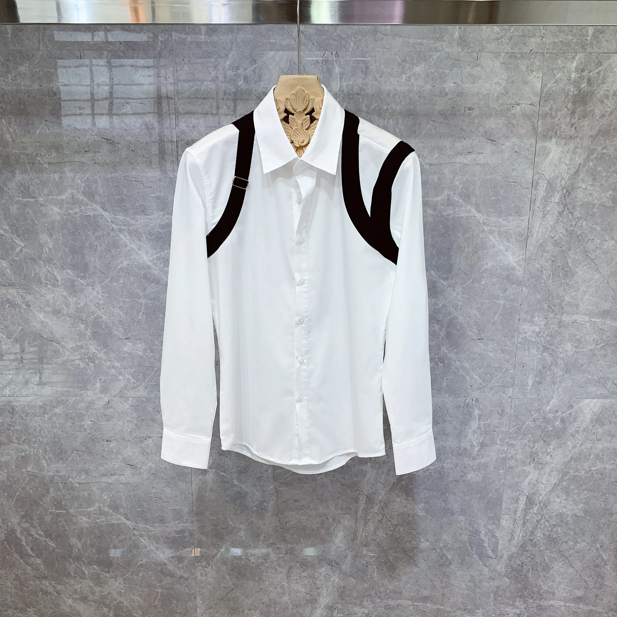 

2023 New Personality Spring and Autumn Men's White Long Sleeve Shirt Men's Korean Fashion Stage Show Shirt