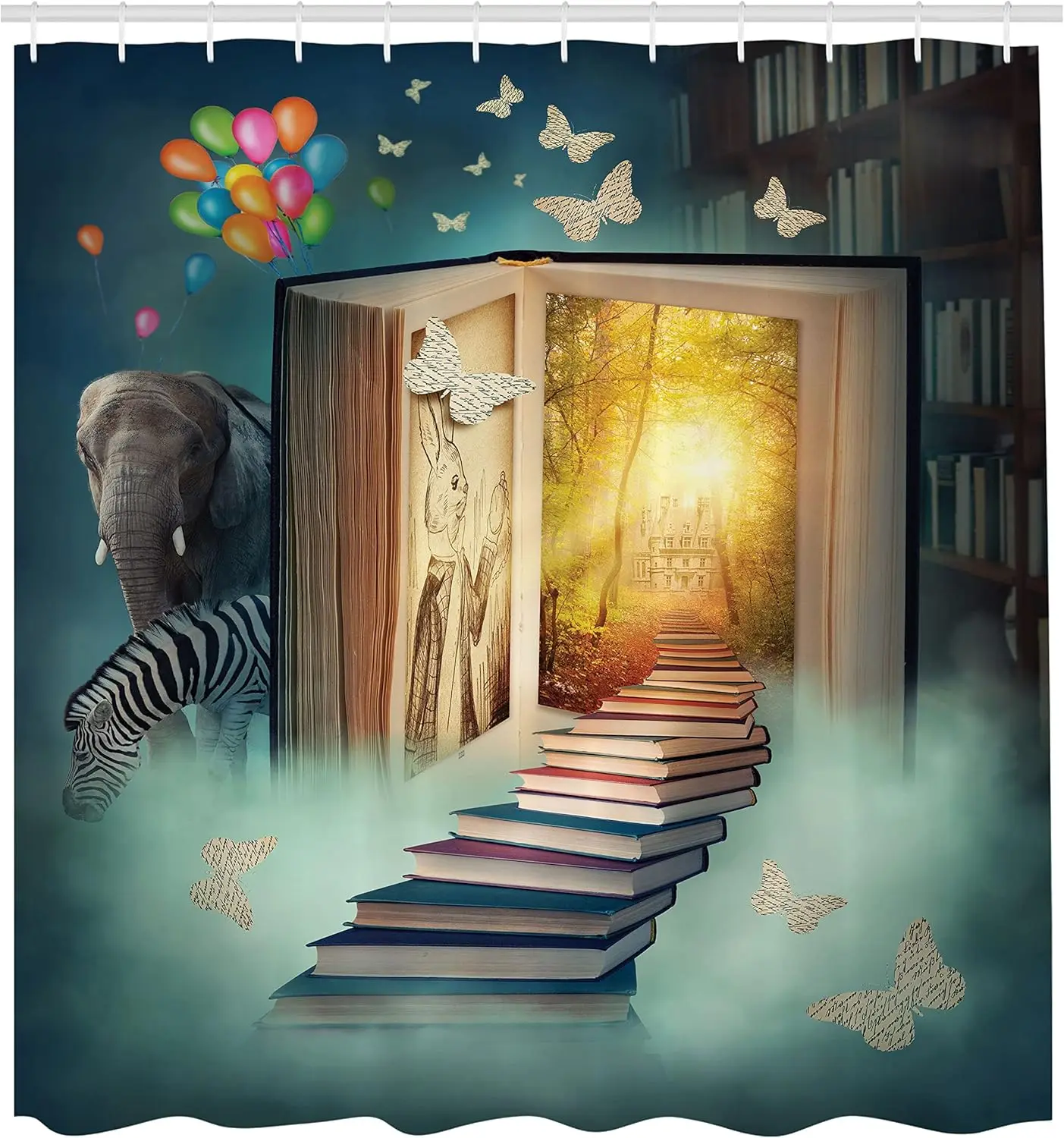 

Fantasy Shower Curtain, Upstairs to Magic Book Forest Balloon Zebra Animal Butterflies, Cloth Fabric Bathroom Decor Se