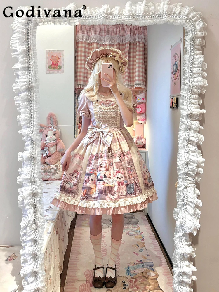

Vintage Japanese Original Lolita OP Dress Sweet Girl Cute Doll Feel Cosplay Comic Cartoon Round Neck Exhibition Princess Dress