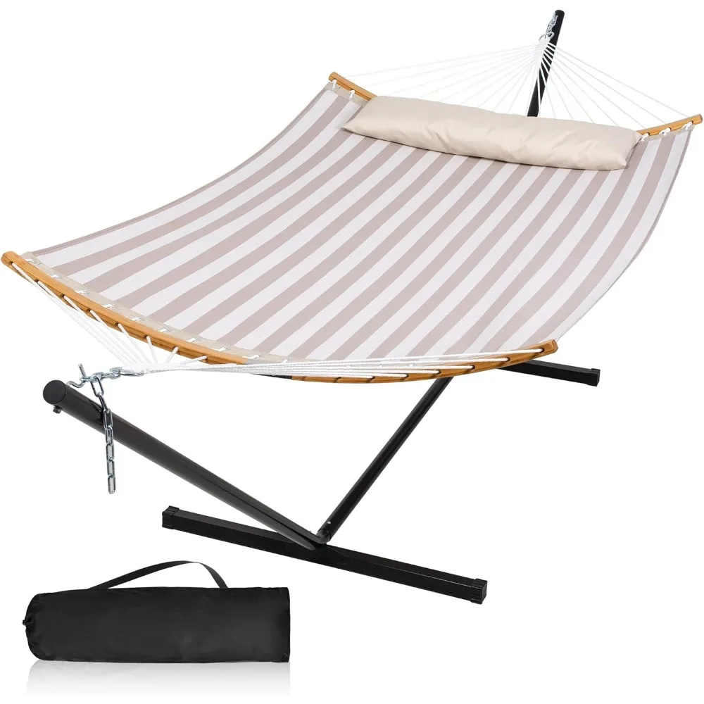 2 Person Hammock with Stand Included, Outdoor Quick Dry Hammock with Curved Spreader Bars, Pillow and Carrying Bag, 450 Lbs Capa