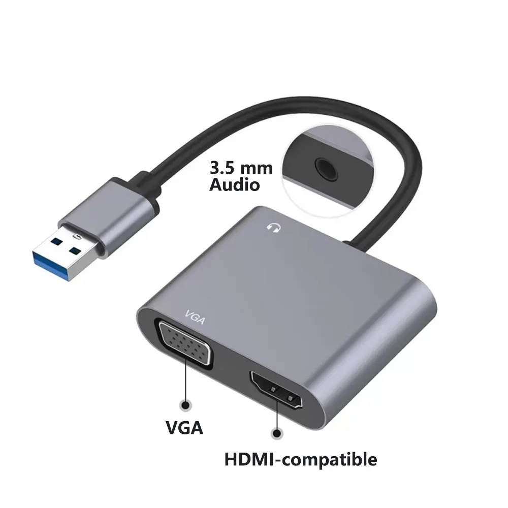 USB to HDMI 호환 VGA 어댑터, 1920x1080P 듀얼 출력 멀티 디스플레이 컨버터, 맥 OS 윈도우 7, 8, 10/11 노트북 컴퓨터용