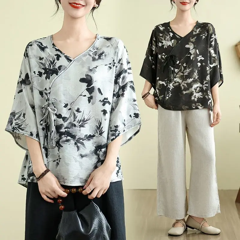 

Chiffon New Chinese Style Slanted Lapel Ink Print Shirt Summer Vintage Three-Quarter Sleeve Loose Versatile Short Sleeve Top