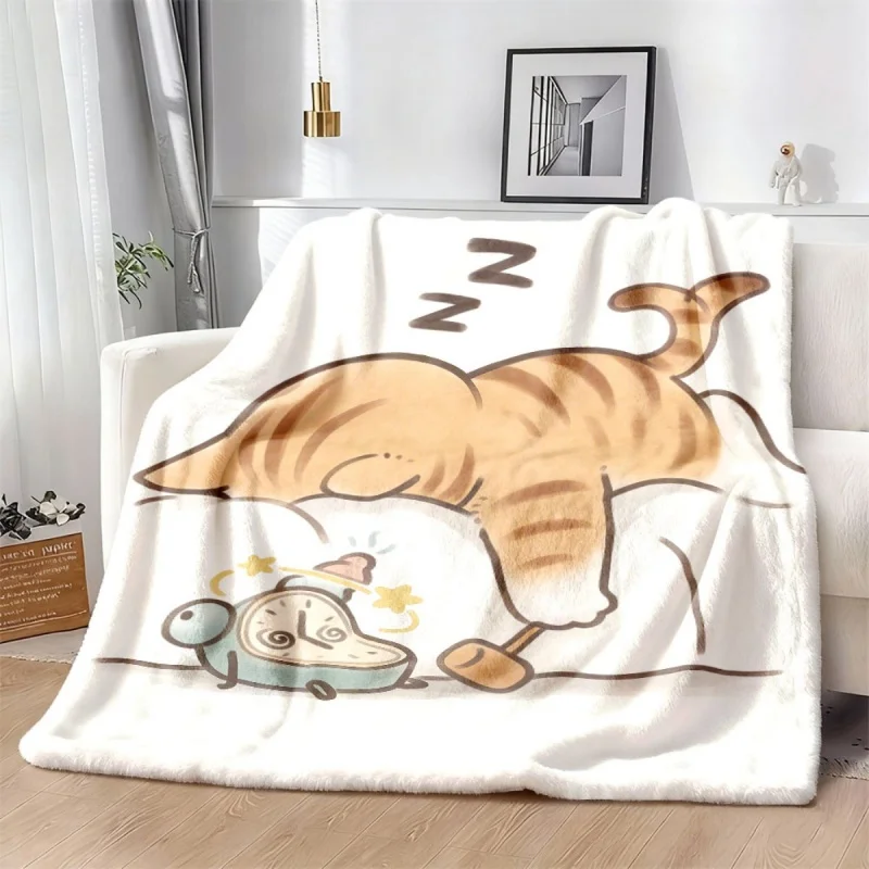 Lazy Cat Alarm Clock Print Throw Blanket, Soft Flannel Plush Blanket for Sofa Bedroom Home Decoration