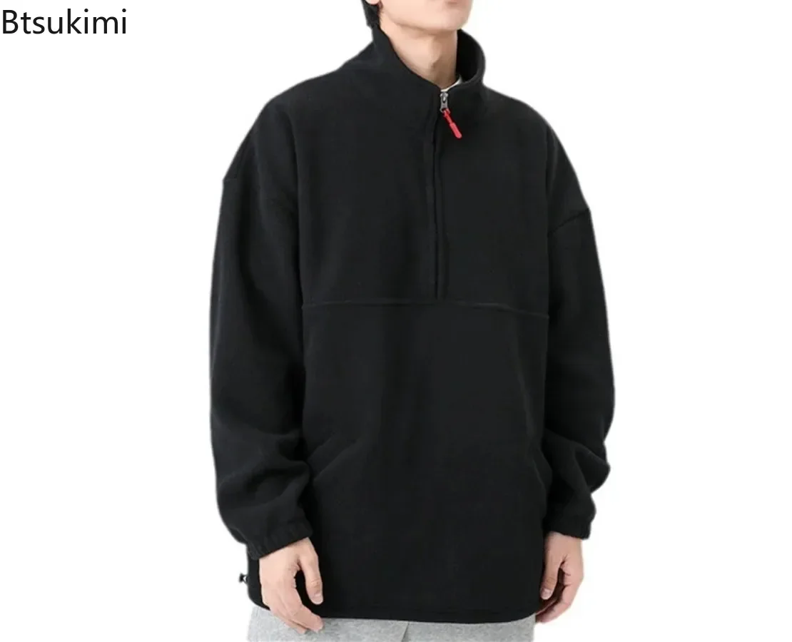 2025 Men's Casual Sweatshirts Fleece Thicker Warm Stand Collar Zipper Pullovers Hoodies Loose Streetwear Solid Men's Warm Tops