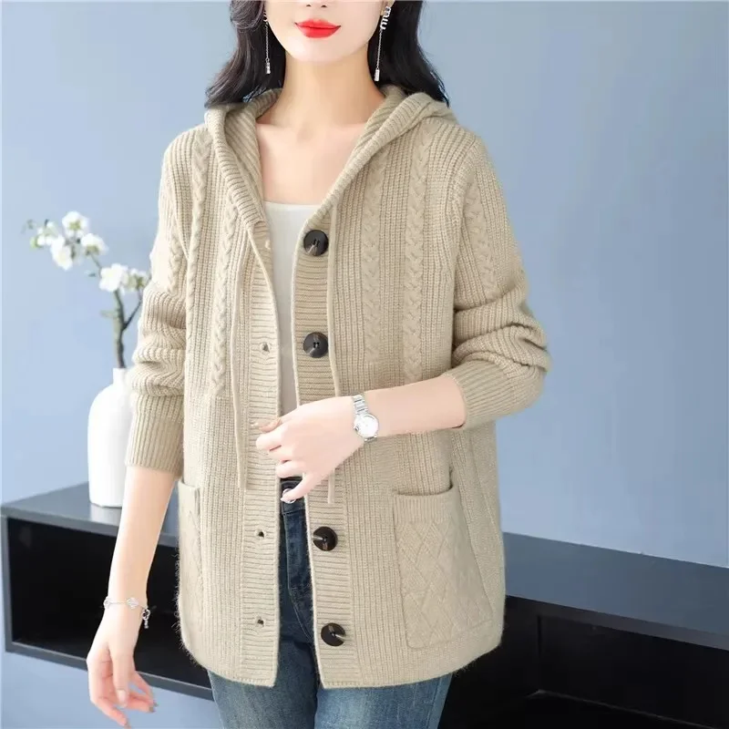 Sweater Cardigan Coat Women's Autumn Winter 2025 New Knitwear Explosions Loose Jacket Female Hooded Top Fashion Outerwear Ladies