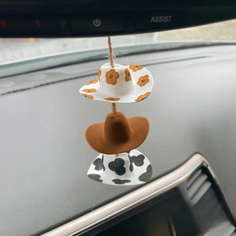Cowboy Hat Rearview Mirror Car Pendant Hanging Ornament Vehicle Interior Decor Accessory Charm Durable Fashion Stylish Trend