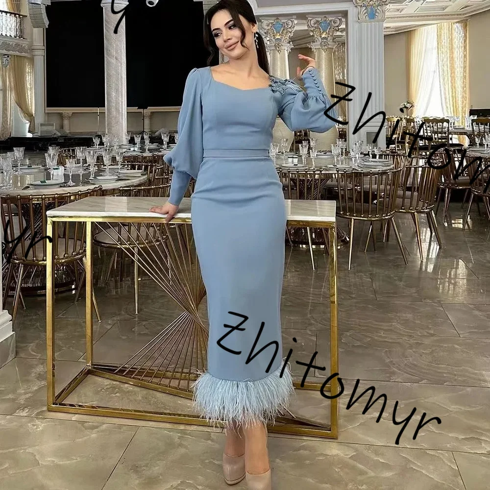 Retro Exquisite Square Neck Evening Dresses Applique Feathers sheath Prom Dress Tea Length Long Fake button Sleeves Gowns