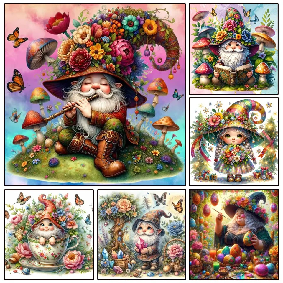 5D DIY Diamond Painting Cartoon Goblin Witch Mushroom Flowers Diamond Mosaic Rhinestone Cross Stitch Kit Diamond Art Embroidery