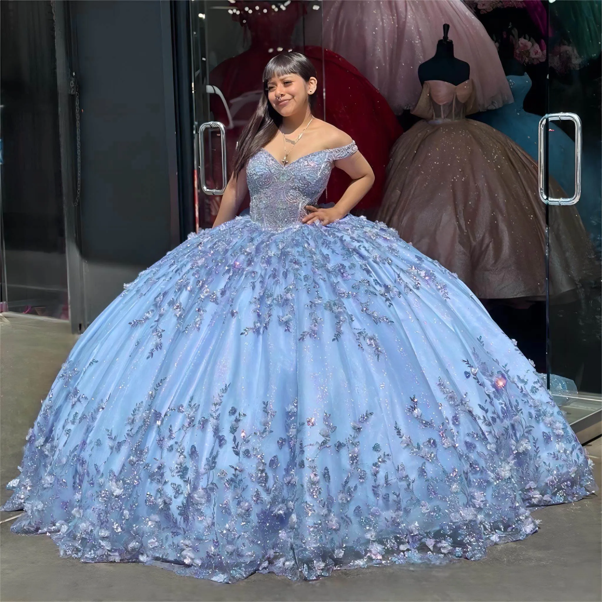 Vestido De encaje con cuentas De cristal y purpurina Lila, flores 3D, Princesa, quinceañera, tren escalonado desmontable, 15 Años