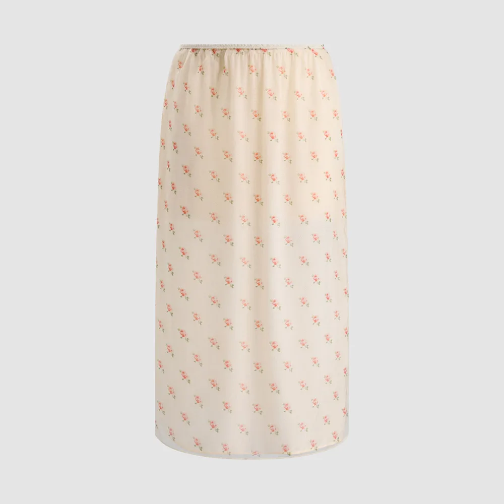 Elegant Women's 100% Mulberry Silk Floral Print Midi Skirt with Elastic Waist A-Line Casual Chic Long Skirt for Office And Beach