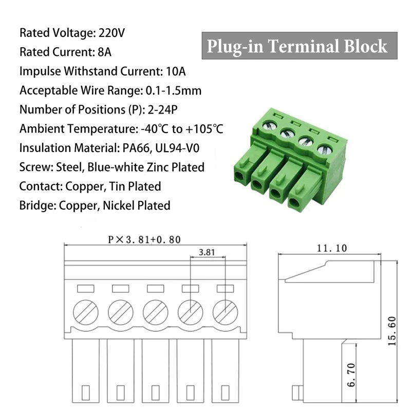 3.81mm 플러그인 터미널 블록 그린 DIN 레일 커넥터 2P 4P 6P - 전기 접점 소재 PCB 원스톱 서비스