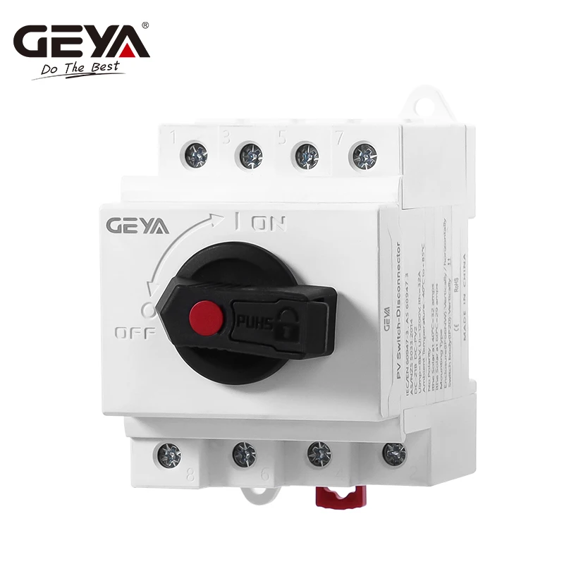 GEYA DB32R DC Solar Isolator Switch PV Disconnector 1200VDC 32A 4P Din Rail Rotating Handle Solar Isolating Switch