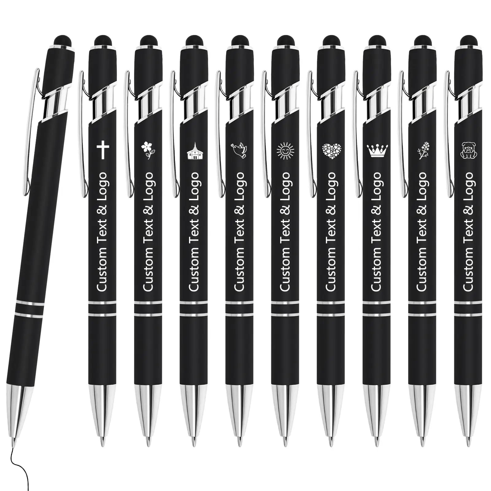

Набор из 10 ручек оптом с индивидуальной гравировкой — персонализация именем, текстом/логотипом — с наконечником-стилусом, черные чернила — варианты для мероприятий и промоакций