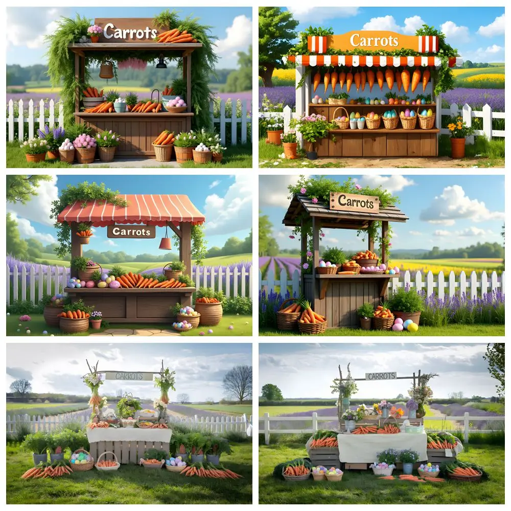 Spring Easter Carrot Stall Backdrop Carrots Colorful Eggs Grass Field Fence Blue Sky Baby Kids Portrait Photography Background