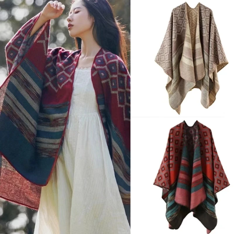 Autumn Winter New Geometric Stripe Pattern Imitation Cashmere Warm Casual Women Shawl Poncho Capes Lady Coat Purple byJthc0