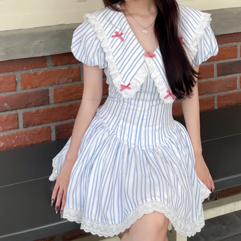 

2026 Spring New Sweet Girl Bow Fashion Lapel Striped Waist Dress Women