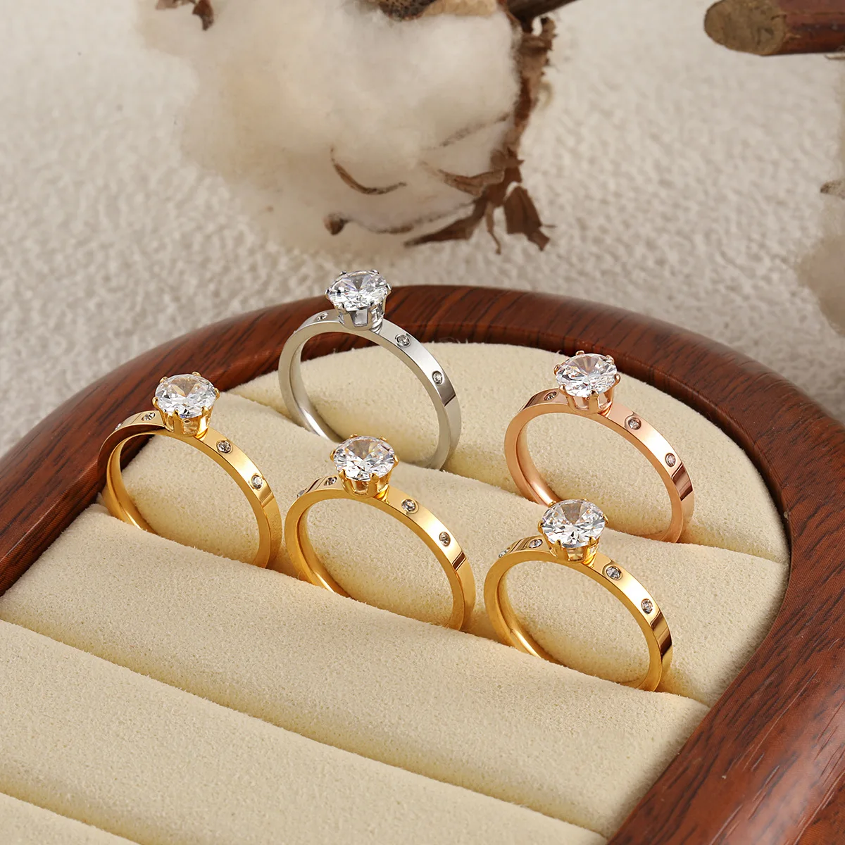 

One Spring Five Zircon Titanium Steel Six Claw Ring 18K Gold Plated Waterproof Non Allergic Finger Jewelry for Women Girls Gift