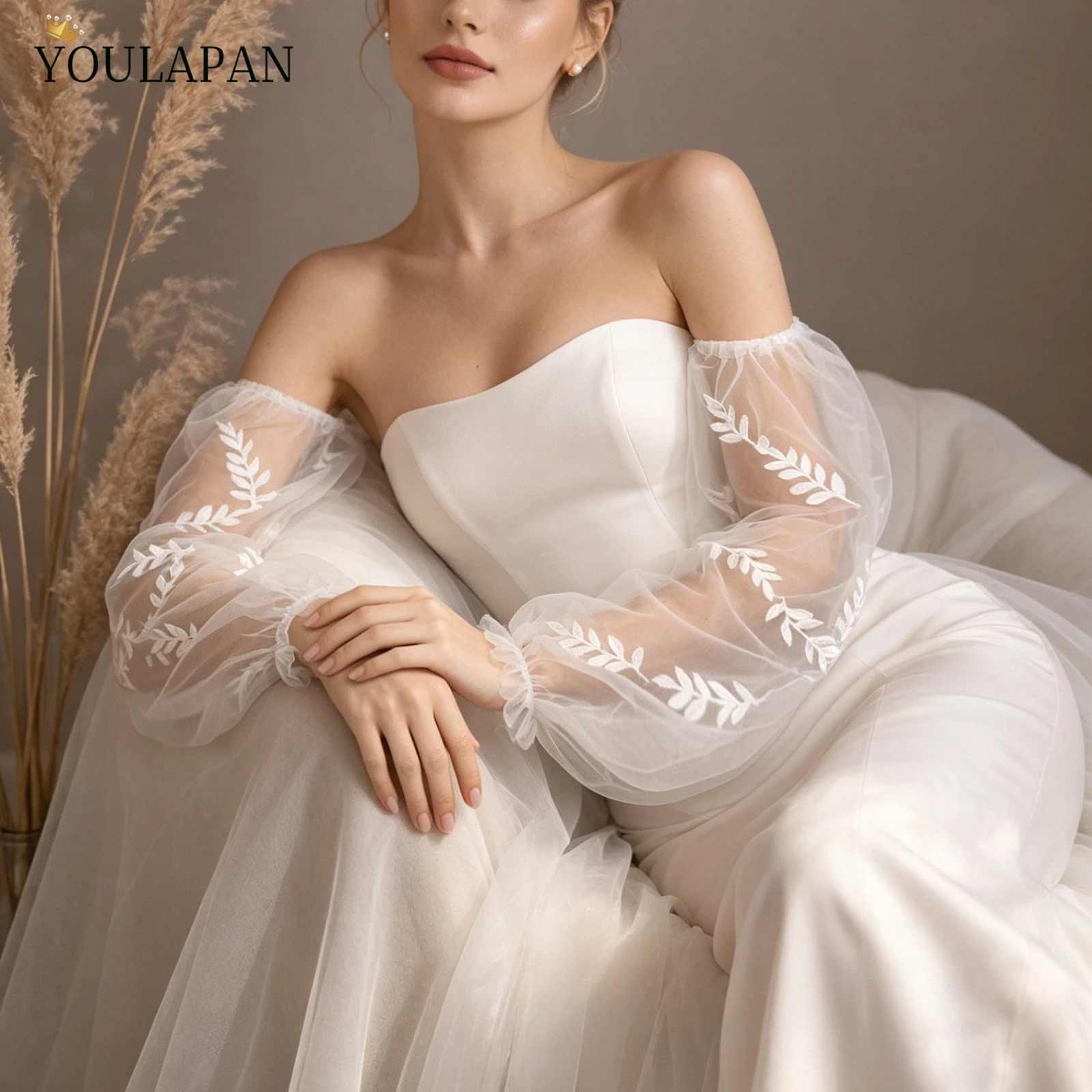 TOPQUEEN Gants Dentelle Femme Mangas Para Vestidos Desmontables Mesh Removable Sleeves Leaf Lace Wedding Dress Matching Vm69