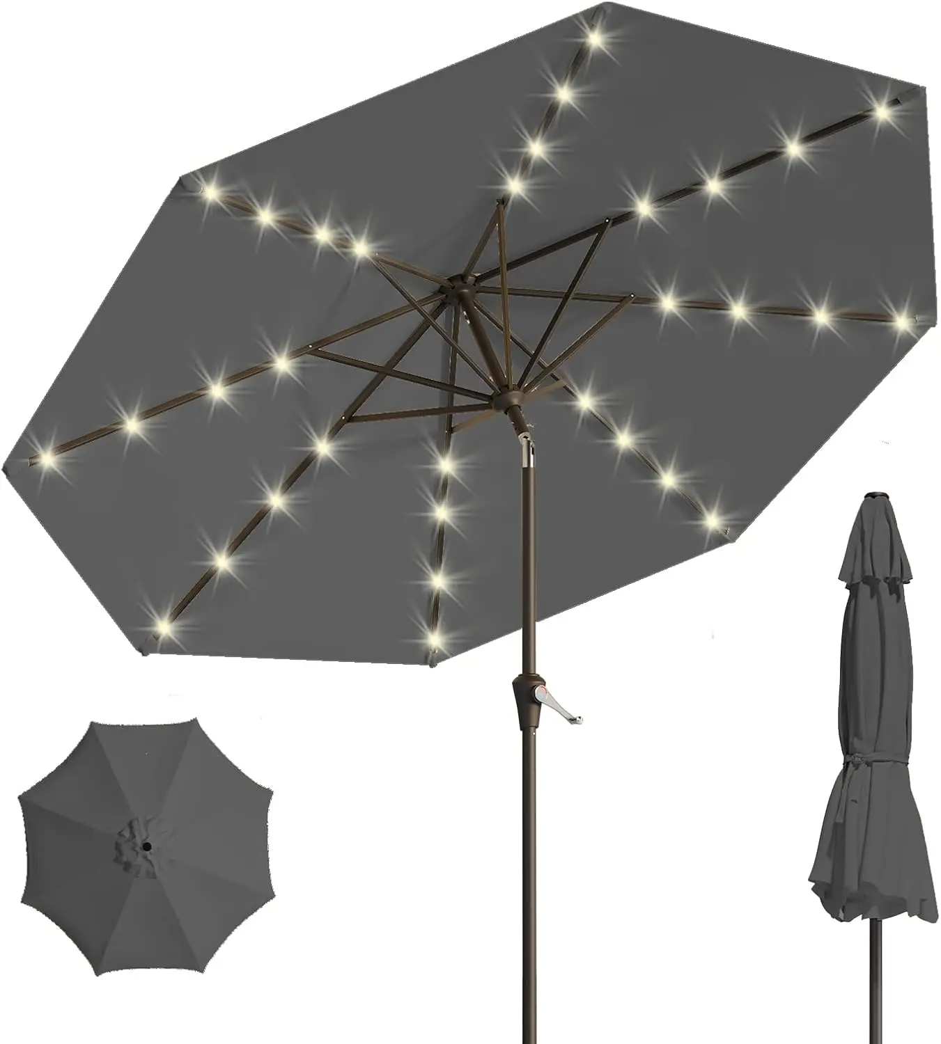 

9FT Solar Patio Umbrella with 32 LED Lights, Tilt & Crank, UV-Resistant for Pool Garden Deck in Gray