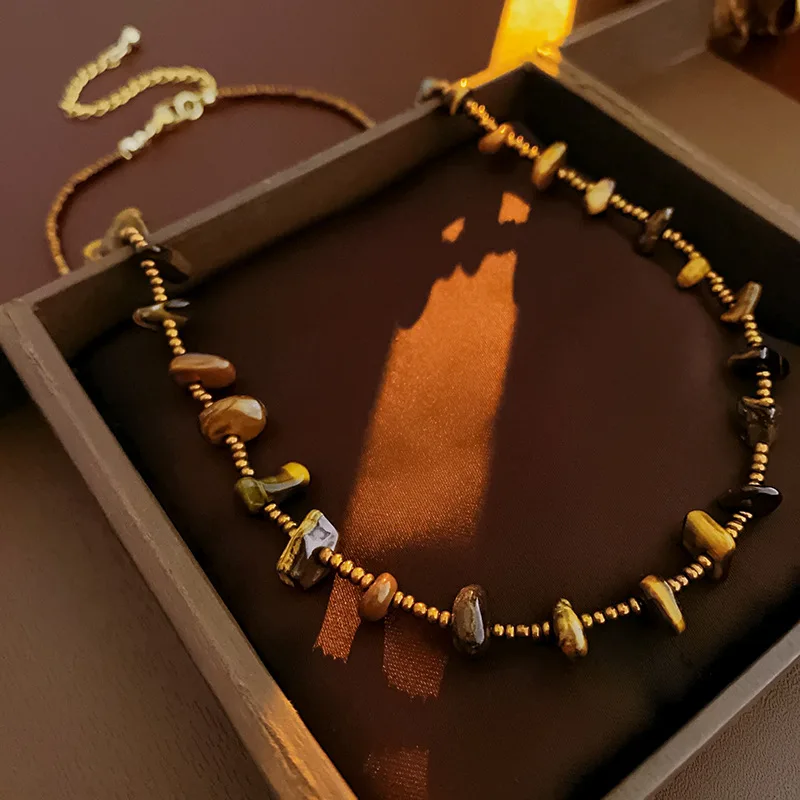 Bohemian Tiger Eye Bead Choker Necklace with Crystal Accents