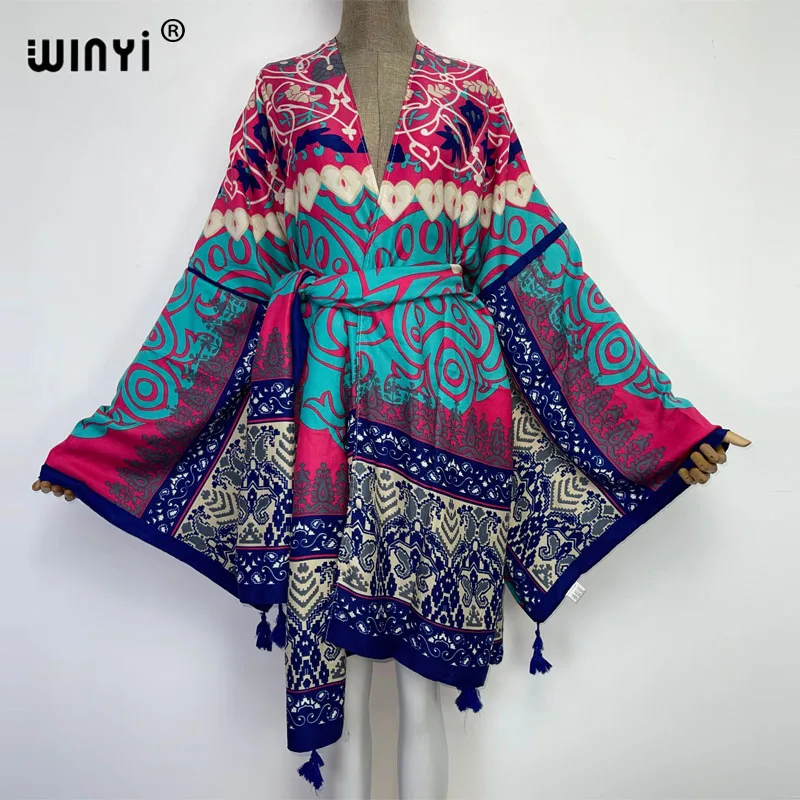 WINYI 2022 ameryka lato kobiety Cardigan stitch szata koktajl sexy Boho Maxi afryki wakacje rękaw w kształcie skrzydła nietoperza jedwabny szlafrok