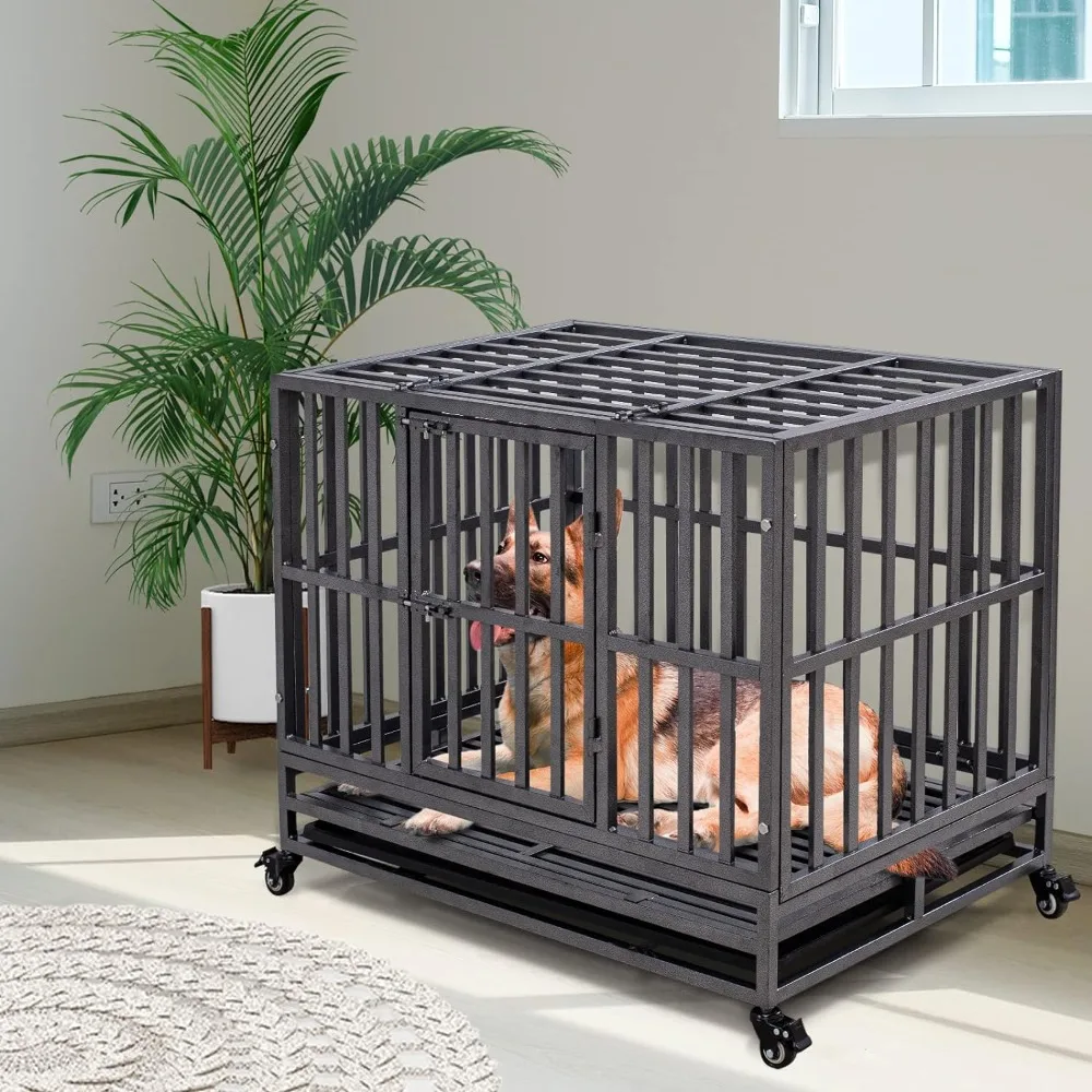 Heavy and indestructible metal dog cage, used for large dogs, anti escape dog cage with wheels, detachable tray, free shipping