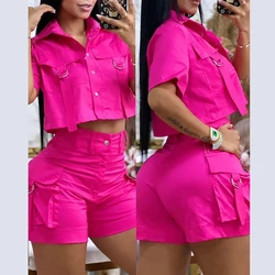 Girls Two-piece Sets Turn-down Collar Women Flap Detail Buttoned Crop Top Pocket Design Shorts Set Causal Female Top Solid Set