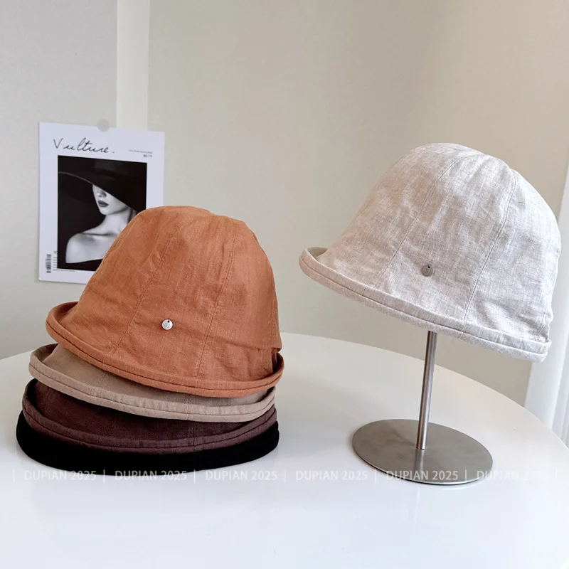 Women Summer Japanese Harajuku Rolled Edge Bucket Hat Linen Blend Split Panel Sun Hat Retro UV Protection Cloth Sun Basin Cap