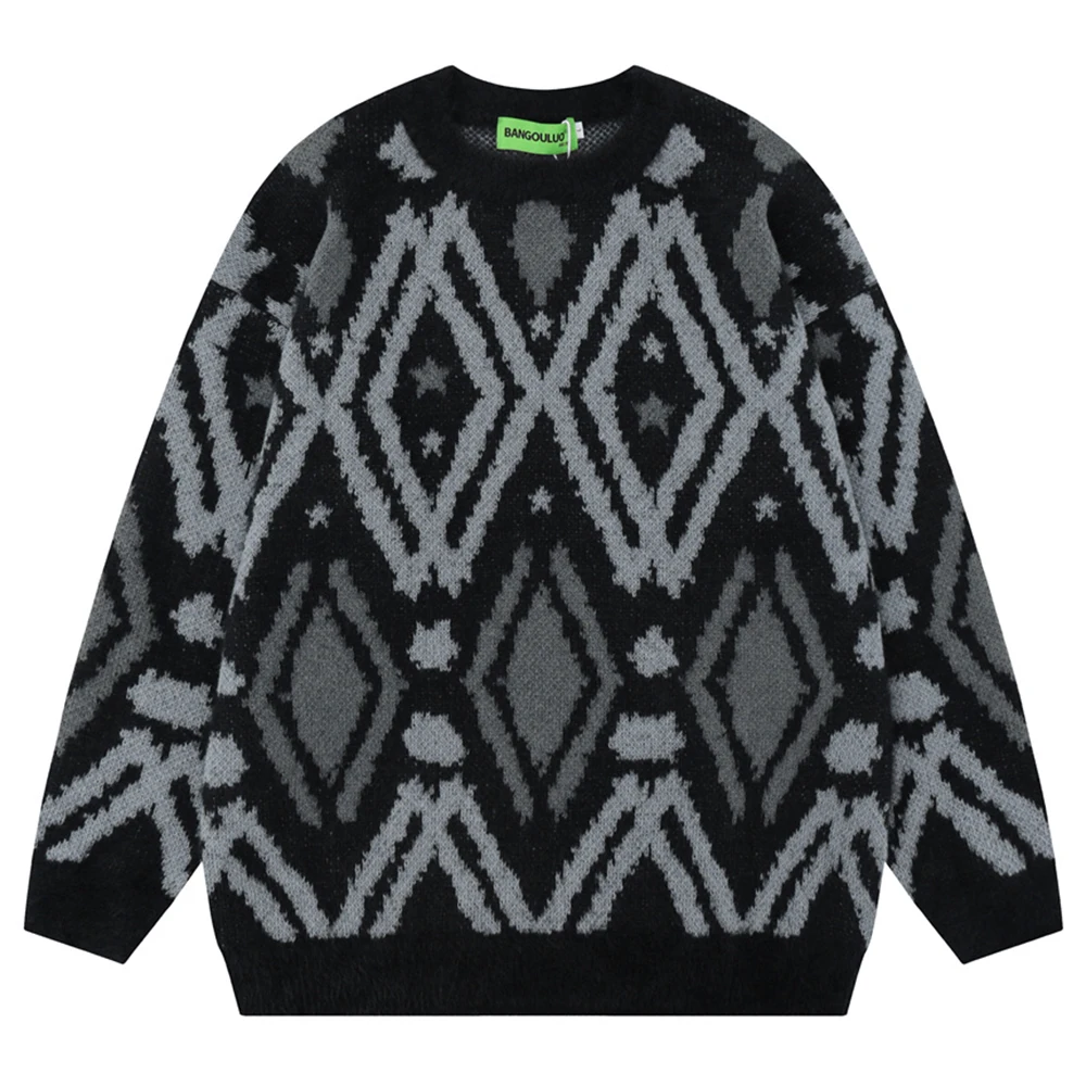 

Geometric Pullover Y2K Sweater Men Women Autumn Oversized Men's Sweater Black Grey