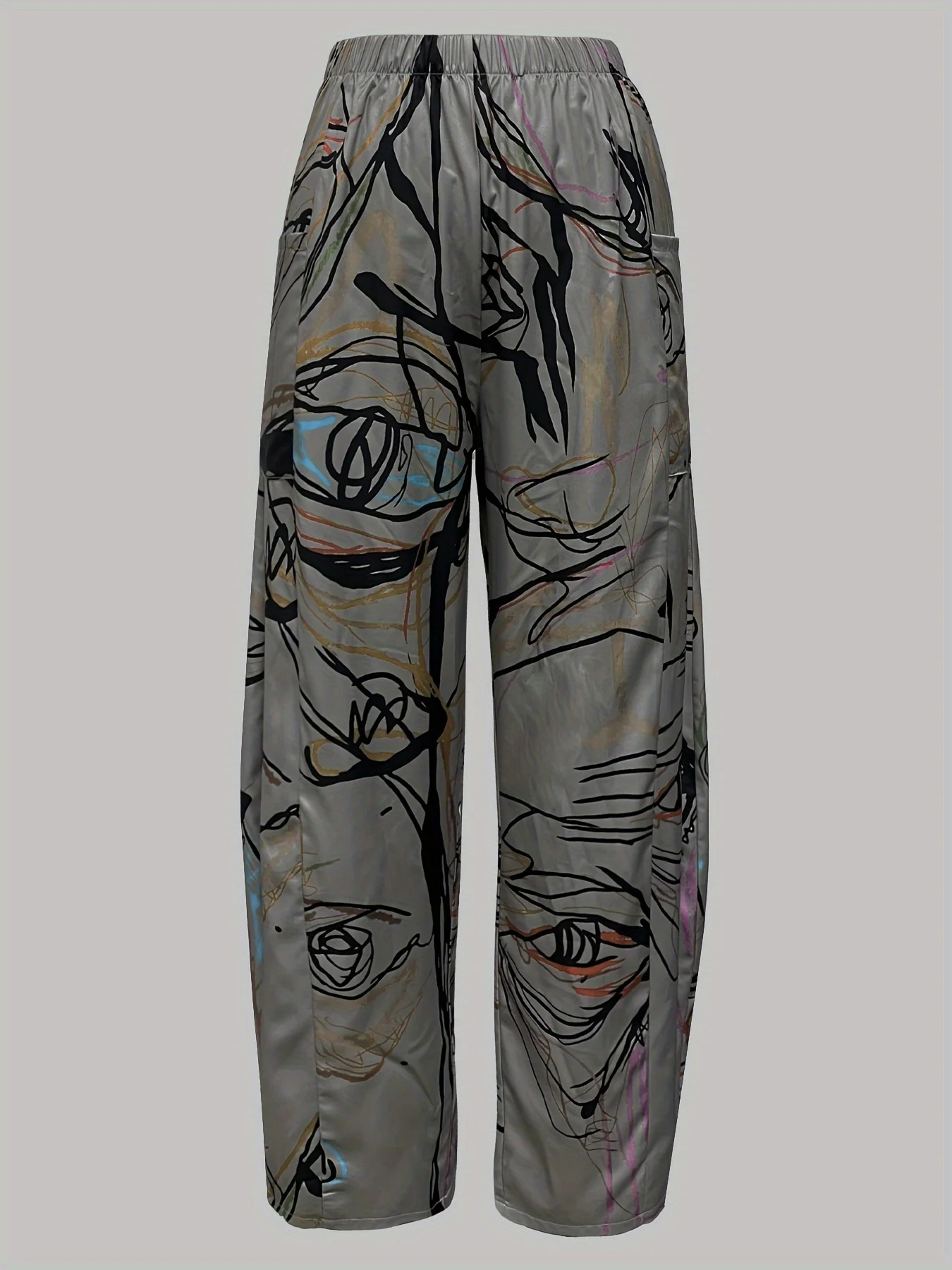 2025 Pantaloni larghi con doppia tasca stampati artistici delle nuove signore, pantaloni larghi con elastico in vita casual, abbigliamento da donna primavera/estate