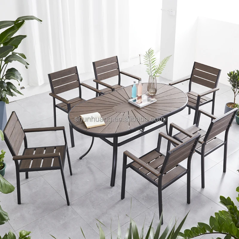 

new arrive wood plastic furniture outdoor aluminum dining sets garden table chair and table