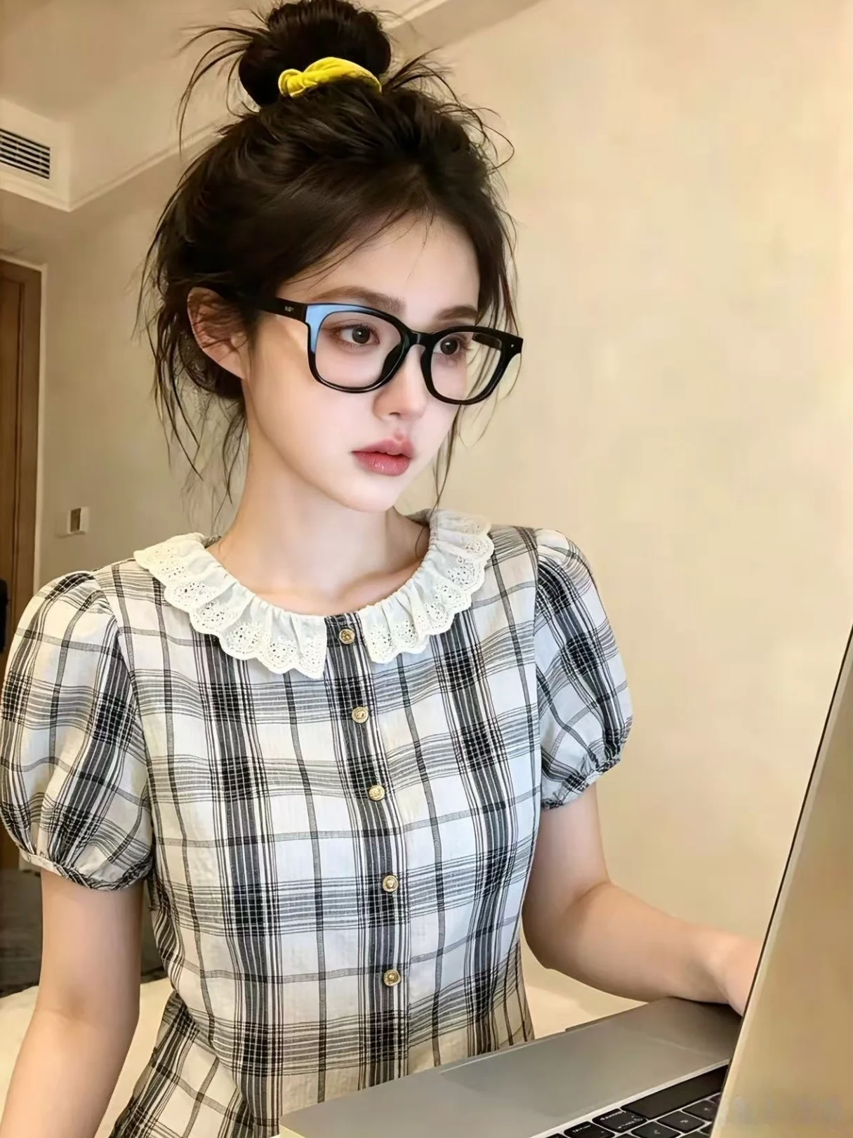 

Summer New Plaid Short Sleeve Lace Trim Shirt Women's Korean Style Commute Straight Cut Bubble Sleeve Single Button Closure Top