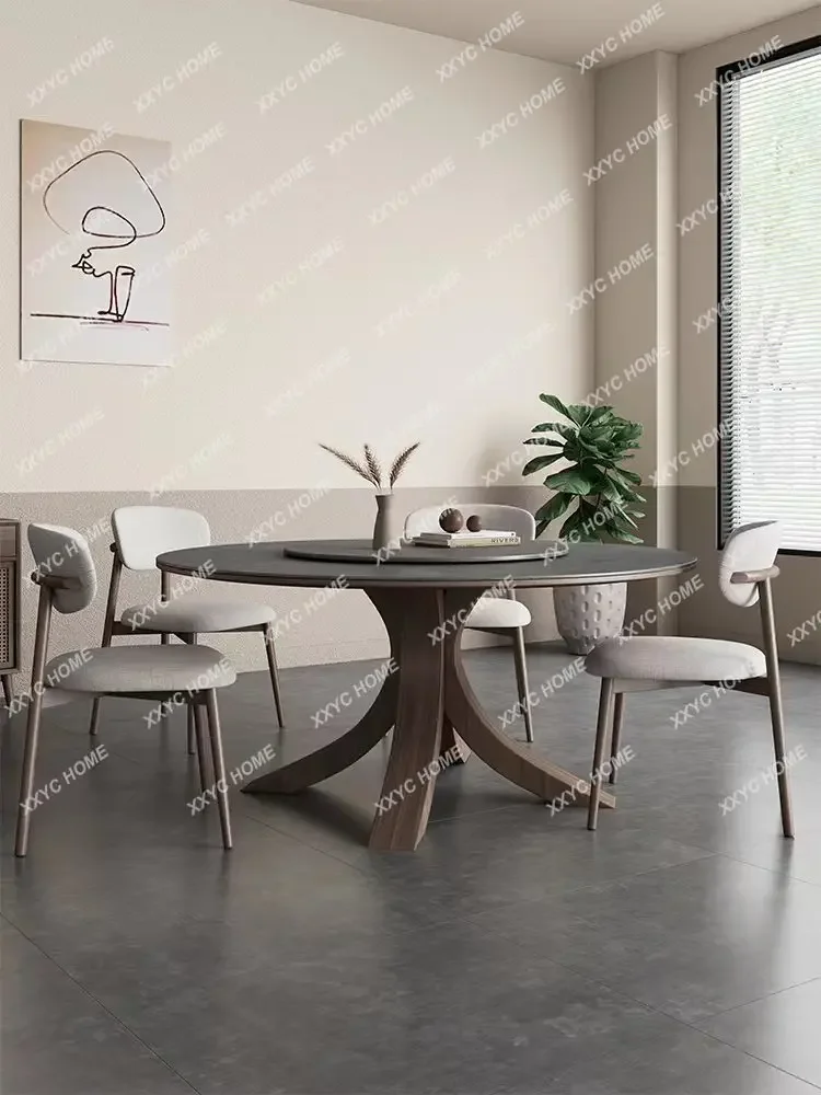 Matte Stone Plate round Dining Table with Turntable 6-Person Dining Table Household High-End Ash Wood Round Table