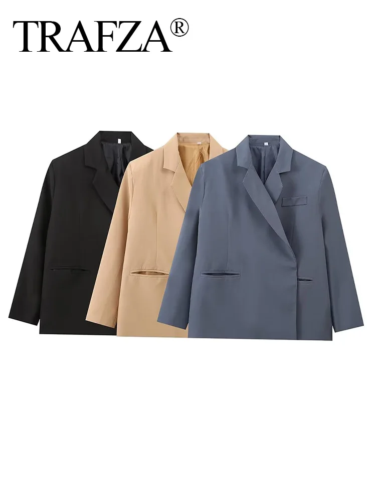 TRAFZA Autumn Women Fashion Long Sleeve Single-button Lapel Pocket Decorate Jacket Female Casual Solid 3-Colors Blazer Mujer