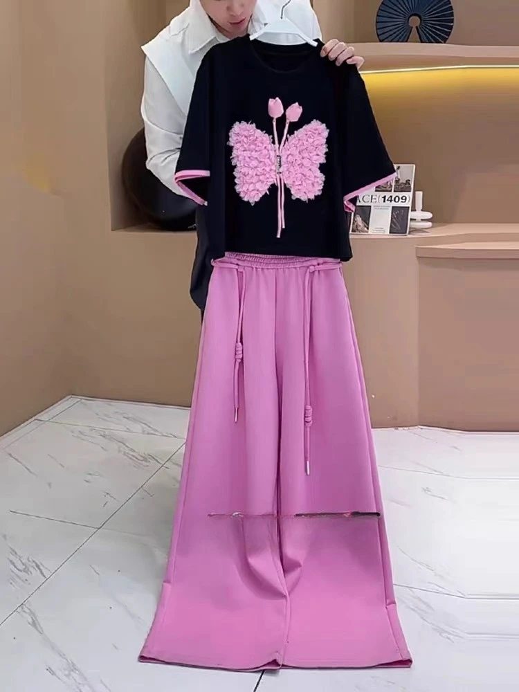 

Women's 2025 Loose Unique High-end Three-dimensional Butterfly Printing Design Short-sleeve Fashion Versatile Pants Set