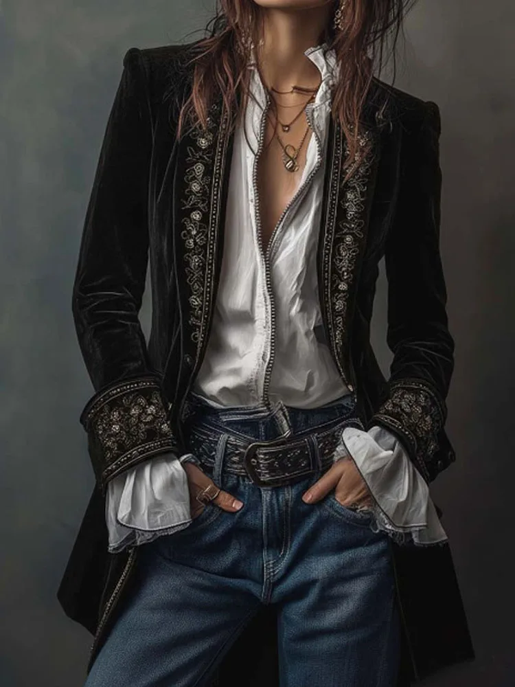 الخريف السببية طويلة الأكمام المرأة معطف الشتاء أنيقة المرقعة الدانتيل المخملية معطف نحيف خمر نمط طباعة سترة سترة