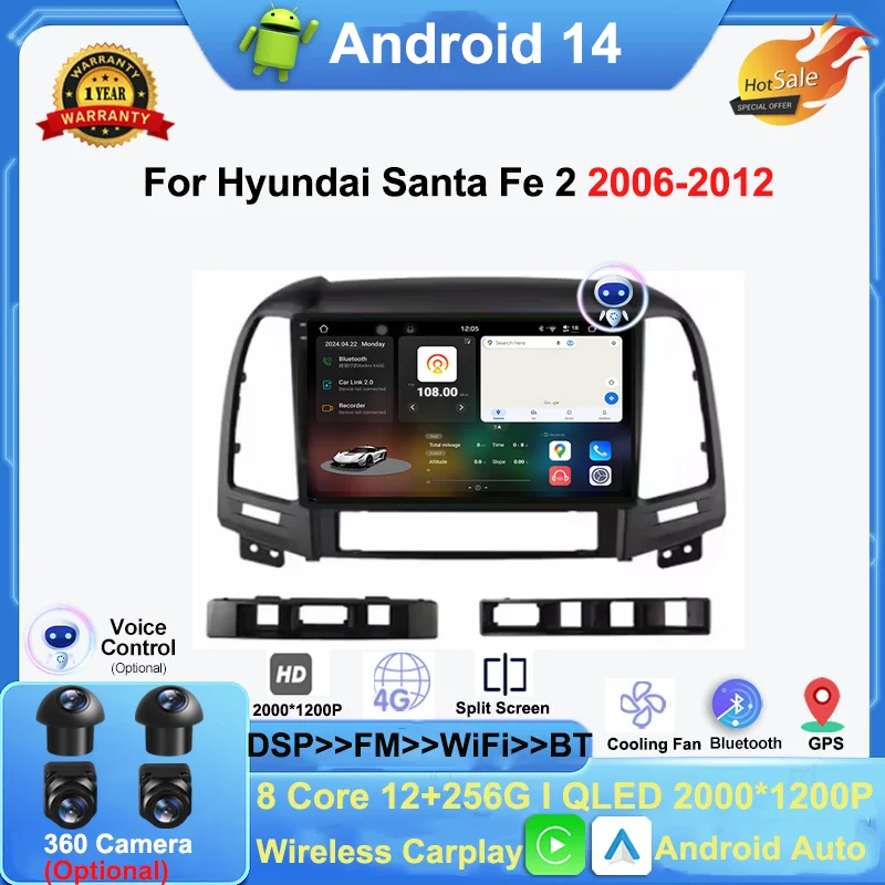 

Android 14 Auto для Hyundai Sonta Fe 2 2006-2012 Автомобильный радиоприемник Мультимедийная GPS-навигация без 2Din Carplay Стереоплеер WiFi 4G