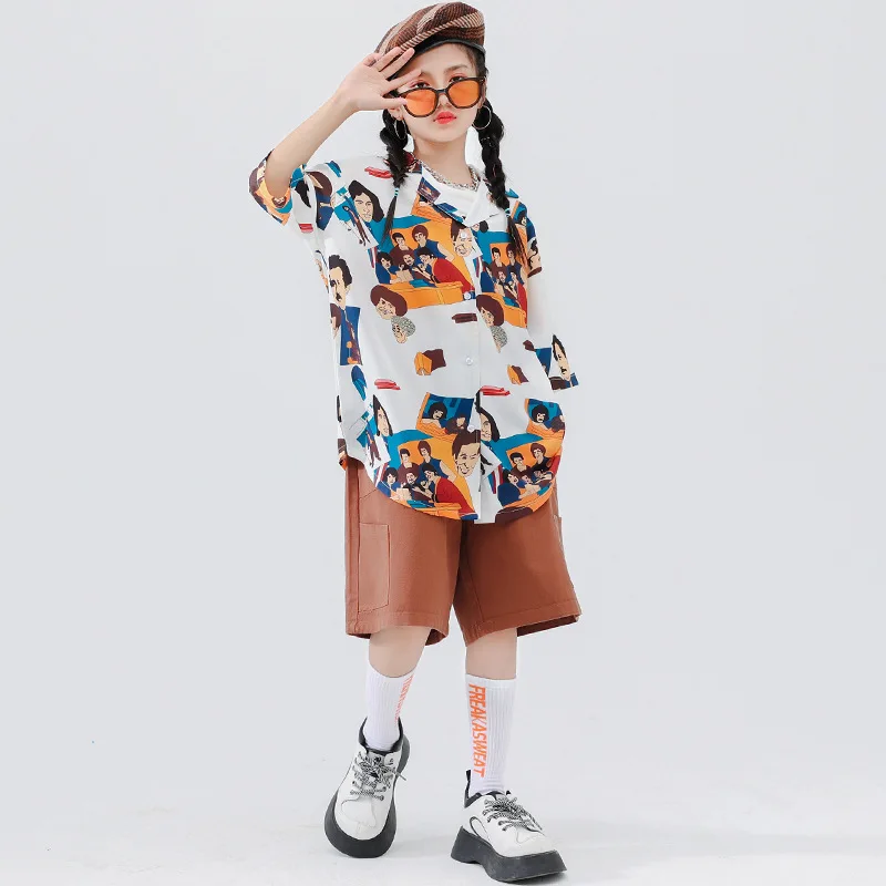 Ropa de Hip Hop para chico, camisa con estampado Vintage, Top marrón de verano con múltiples bolsillos, pantalones cortos Cargo para niñas y niños, traje de baile de Jazz