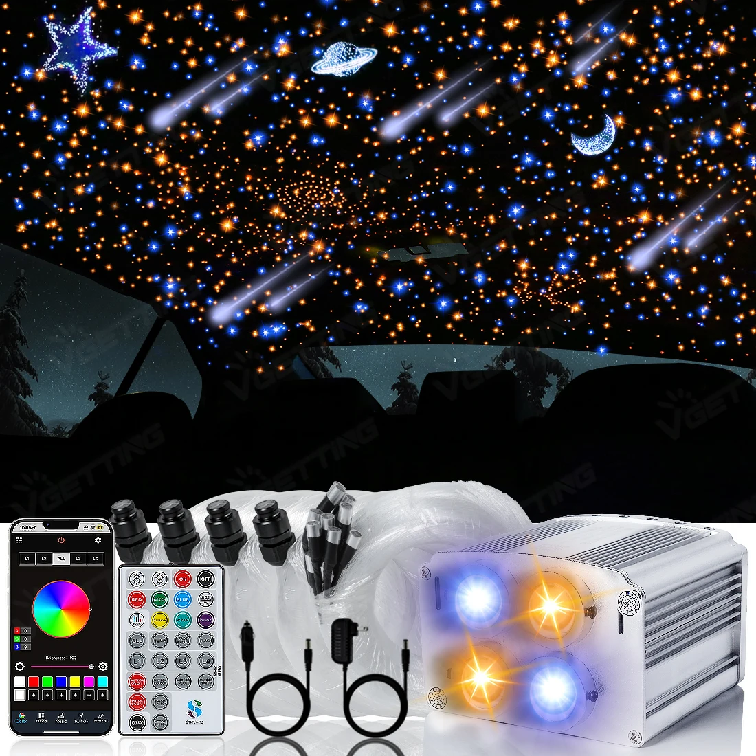 Starlight Headliner Kit 32W 4Port Twinkle Star Roof Meteor Light Fibre Optic Ceiling Lamp RGBW APPMusic Mode For Home Car Decora
