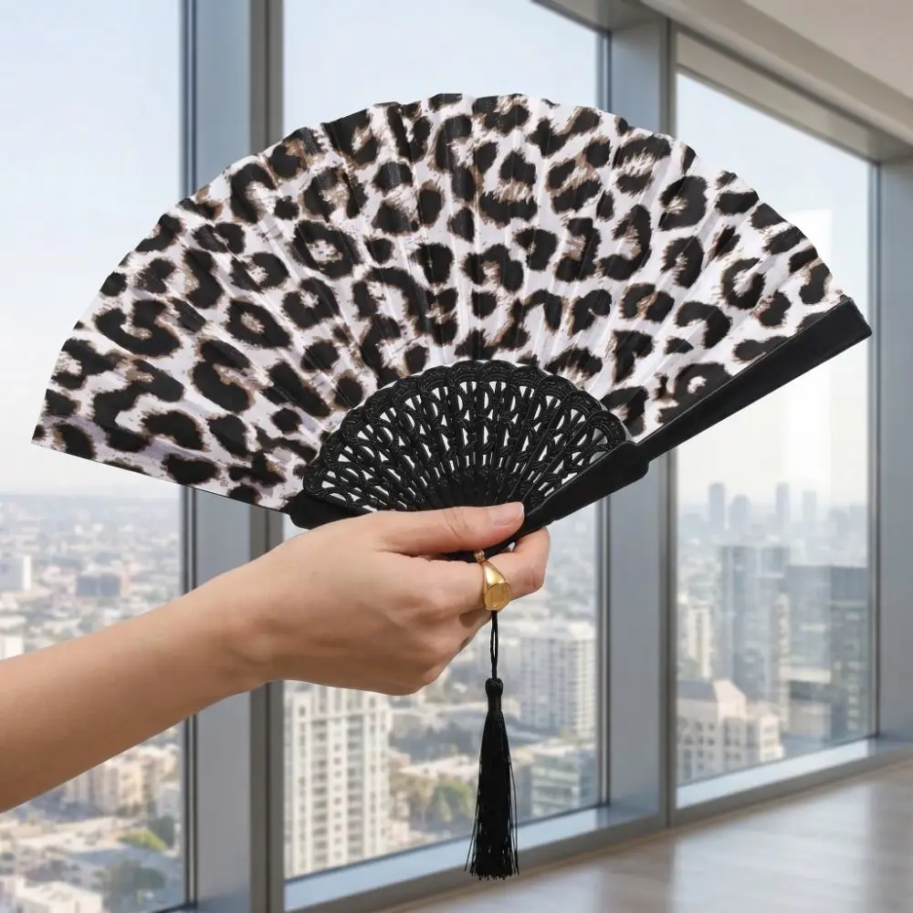 Fashion Collapsible Folding Fan Decorative Tassel Cloth Fan Handheld Leopard Print Fan Home Decor