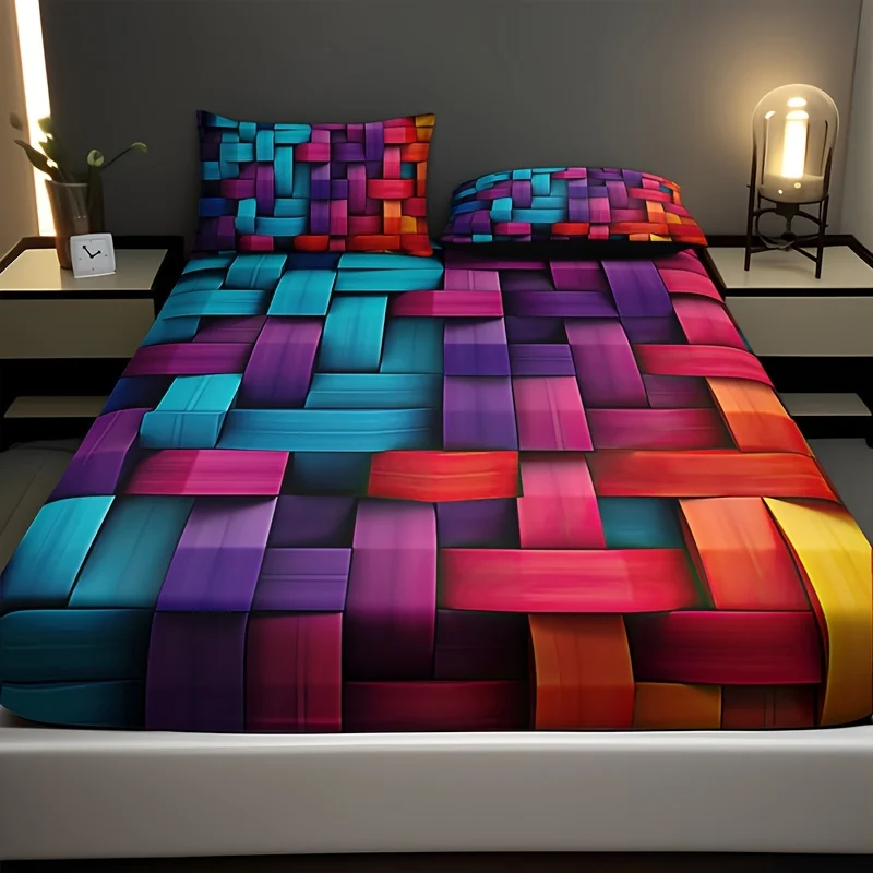 3pcs Colorful Geometric Checkered Bed Sheet Set, 1 Fitted Sheet + 2 Pillowcases (No Inserts), Home Dormitory Print